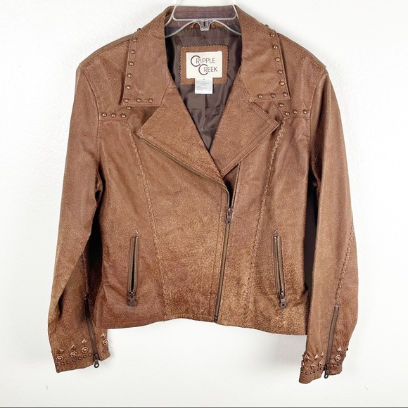 Cripple Creek Jackets & Blazers - CRIPPLE CREEK Brown 100% Genuine Leather Studded Zip Pockets Jacket Size Medium